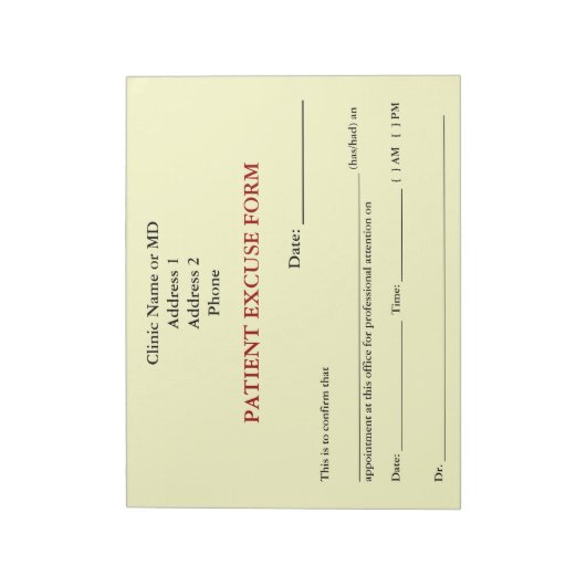 Bloc-notes du formulaire d'excuses du patient (bla (Tourné)