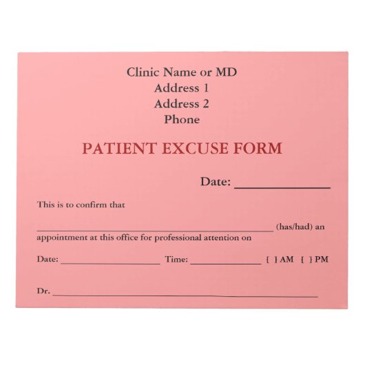 Bloc-notes du formulaire d'excuses du patient (ros (Devant)