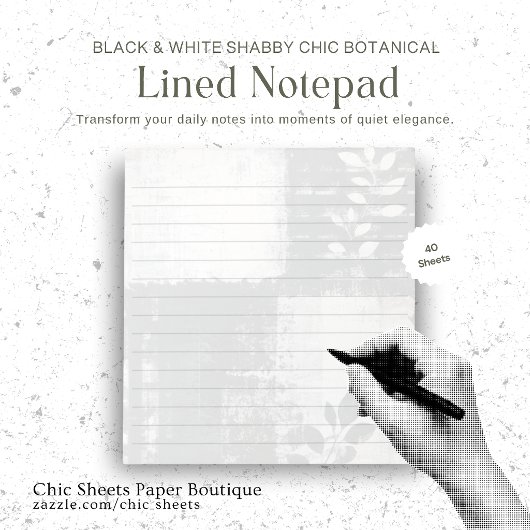 Bloc-notes ligné botanique shabby chic noir et bla