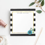 Bloc-notes noir et fleur bleu personnalisé<br><div class="desc">Le pavé à notes florales moderne présente des rayures noires et blanches chic avec une fleur de couleur bleue et une bordure en faux or. Customisez avec un monogramme,  un nom ou un texte de votre choix !</div>