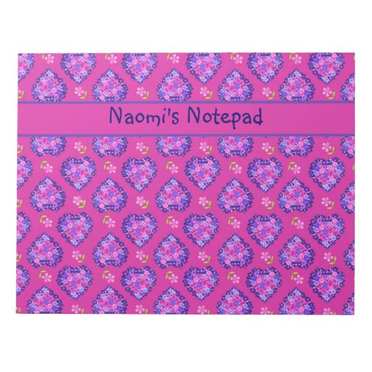 Bloc-notes ou Jotter, Coeurs et Fleurs sur Magenta (Devant)