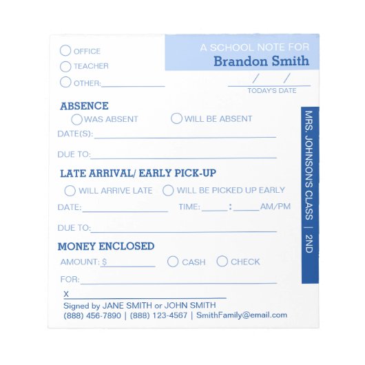 Bloc-notes personnalisé pour les parents des élève (Devant)