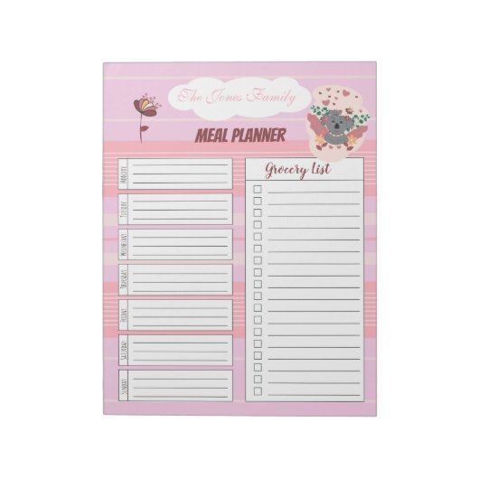 Bloc-notes Pink Family Repas Planner avec Koala (Tourné)