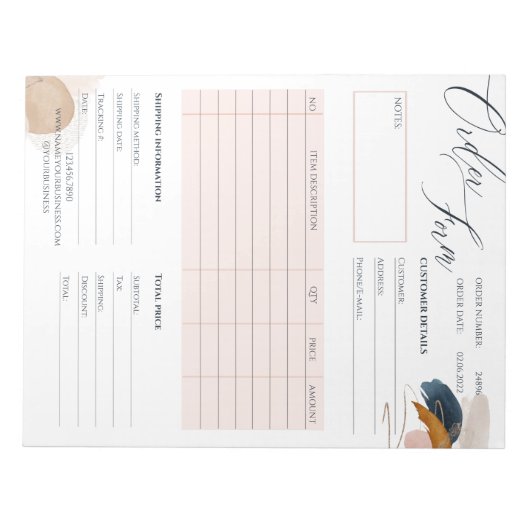 Bloc-notes pour bon de commande rose et or (Devant)