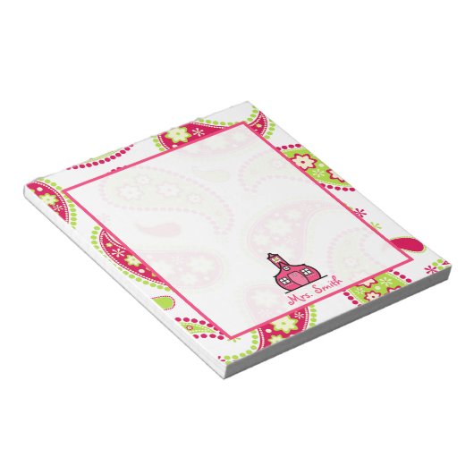 Bloc-notes pour enseignant rose et vert Paisley (Incliné)