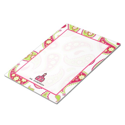 Bloc-notes pour enseignant rose et vert Paisley (Incliné)