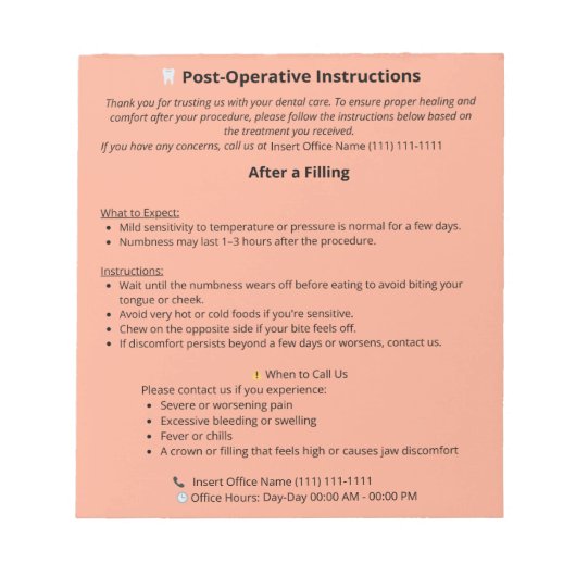 Bloc-notes pour les instructions de poste dentaire (Devant)