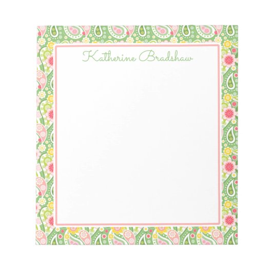 Bloc-notes Preppy rose et vert Paisley (Devant)