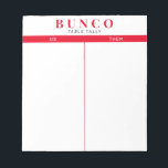 Bloc-notes simple de table Bunco rouge et blanc<br><div class="desc">Jetez une feuille sur chaque table pour la personne qui tient le compte de la partition et rationalisez votre jeu Bunco avec ceux-ci prêts à aller et facile à utiliser des feuilles de tallage arrachées avec deux colonnes vierges et des accents rouges.</div>