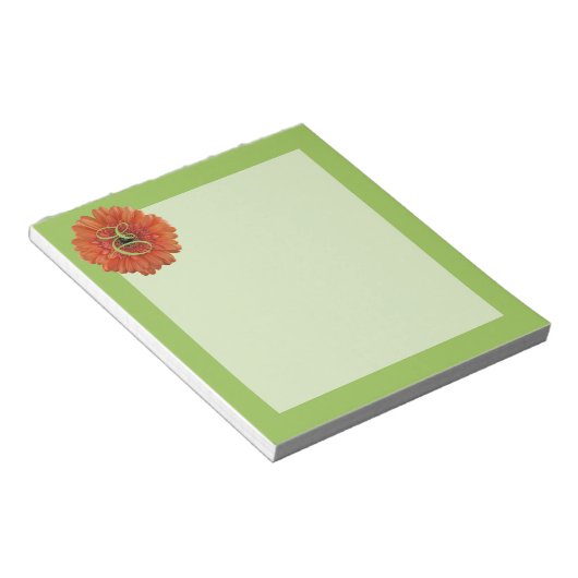 Bloc-notes vert monogramme orange Gerbera Daisy (Incliné)