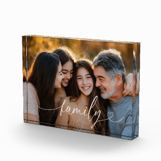 Bloc photo acrylique avec écriture familiale et cœ