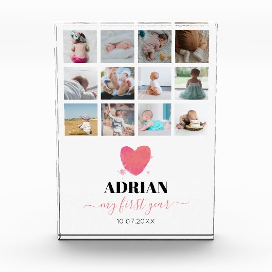 Bloc Photo Aquarelle Coeur bébé première année photo Collage (Devant)