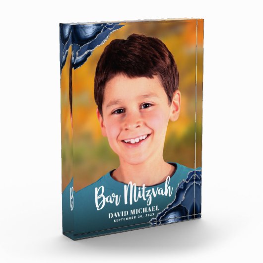 Bloc Photo Bar Mitzvah Script moderne Marine Blue Agate Keeps (Gauche)