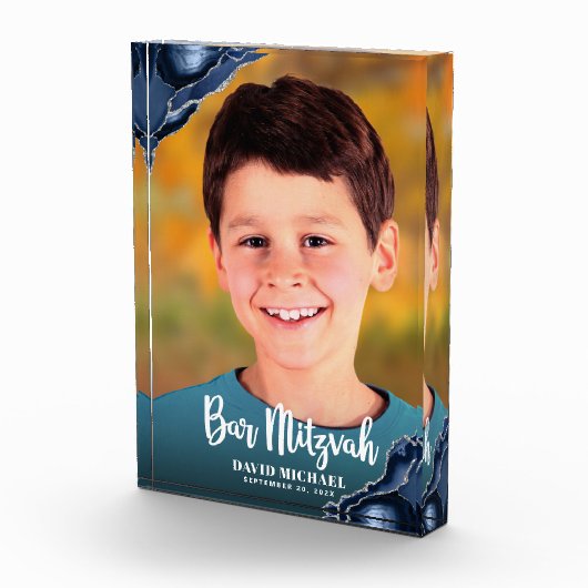 Bloc Photo Bar Mitzvah Script moderne Marine Blue Agate Keeps (Droite)