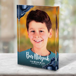 Bloc Photo Bar Mitzvah Script moderne Marine Blue Agate Keeps<br><div class="desc">Soyez fier, réjouissez-vous et présentez ce jalon de votre Bar Mitzvah préféré avec ce bloc photo personnalisé cool, unique, moderne, gardien personnalisé ! Typographie en écriture blanche et roches d'agate bleu marine accentuées de veines faux argent superposent la photo de votre choix. Personnalisez le texte personnalisé avec le nom et...</div>