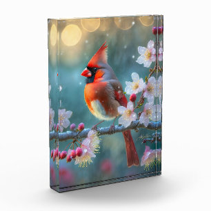 Bloc Photo Cardinal masculin en fleurs de cerisiers au clair 