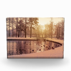 Bloc Photo Coucher de soleil sur le parc avec petit lac gelé