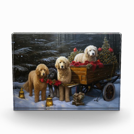 Bloc Photo Décor de Noël Goldendoodle Snowy Sleigh (Devant)