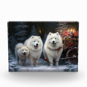 Bloc Photo Décor de Noël Samoyed Snowy Sleigh