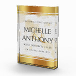 Bloc Photo Élégant 3ème anniversaire de Mariage en cuir<br><div class="desc">Commémorez le 3ème anniversaire du mariage en cuir avec cet élégant bloc photo ! Un élégant lettrage noir avec des confettis hexagonaux dorés sur un luxueux arrière - plan en cuir blanc bordé d'une feuille d'or apporte une touche mémorable à cette occasion spéciale et à ce jalon. Customisez avec les...</div>