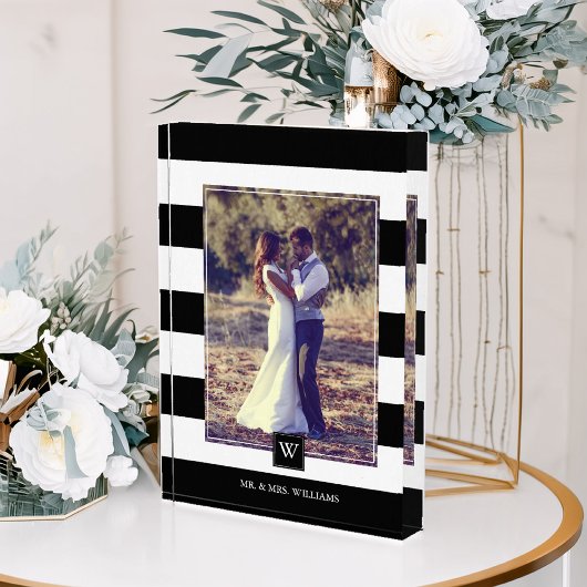 Bloc Photo Élégant noir et blanc rayures Monogramme