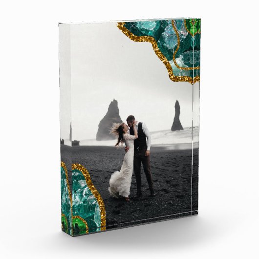 Bloc Photo Emerald Green Gold Agate Geode Mariage Photo (Gauche)