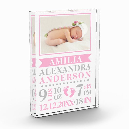 Bloc Photo FILLE Bébé Rose Cadeau Nom Date de Naissance PHOTO (Gauche)