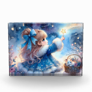 Bloc Photo Fille Rêveuse Contemplant les Étoiles Aquarelle