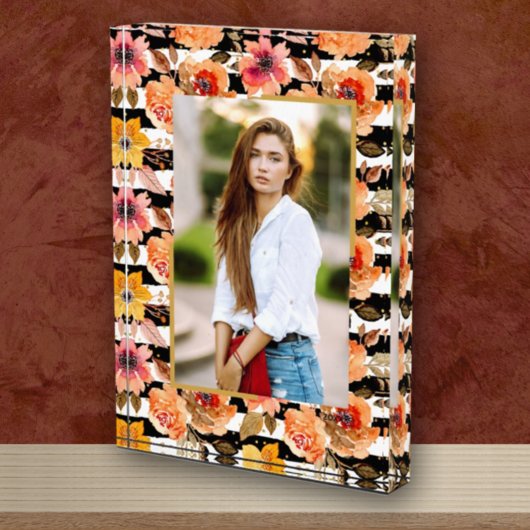 Bloc Photo Flowers on Black White Stripes Gold Dots Custom
