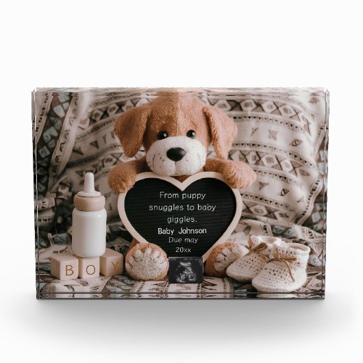 Bloc Photo Fluffy Puppy Baby boy et faire-part de grossesse (Devant)