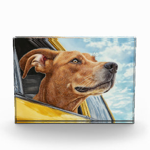 Bloc Photo Happy Dog in Yellow Car Art Print