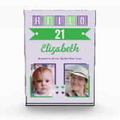 Bloc Photo Hello 21 (any age) name est date green purple (Devant)