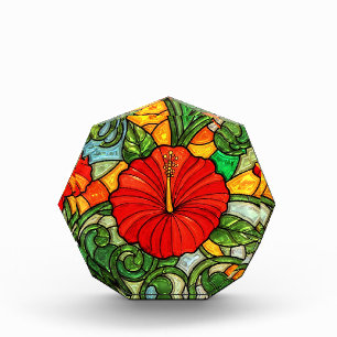 Bloc Photo Hibiscus Aspect Verre Teinté Faux Rouge Or Orange