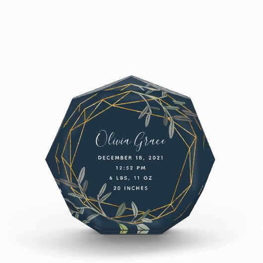 Bloc Photo Laurel Leaf Baby Birth Stats Acrylic Block (Devant)