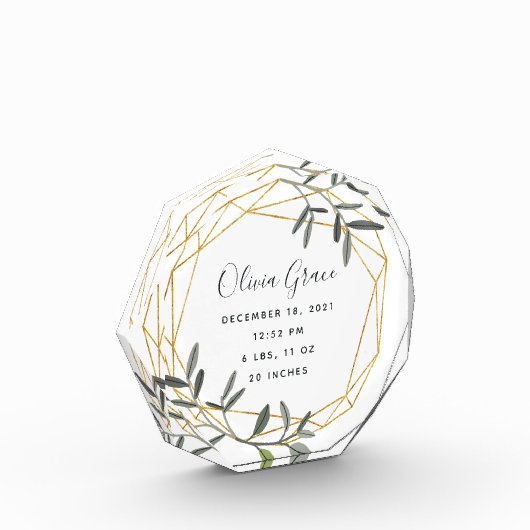 Bloc Photo Laurel Leaf Baby Birth Stats Acrylique Block (Gauche)