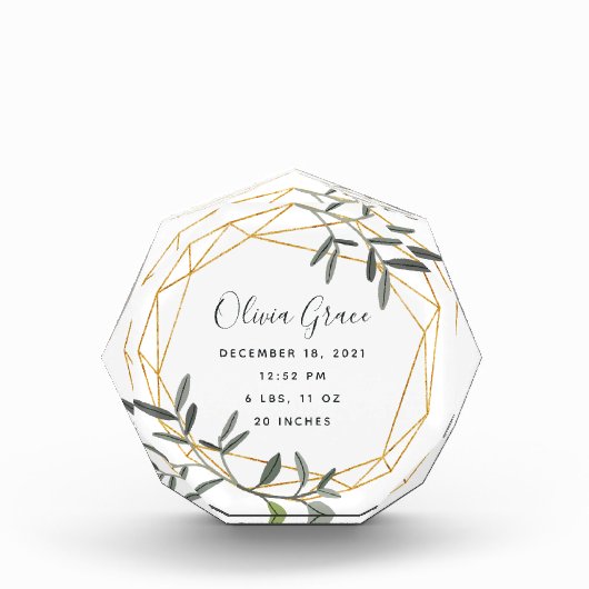 Bloc Photo Laurel Leaf Baby Birth Stats Acrylique Block (Devant)