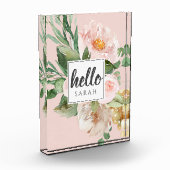 Bloc Photo Modern Watercolor Pink Flowers & Hello & Nom (Gauche)