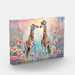 Bloc Photo Paire de girafes en amour dans un jardin pastel