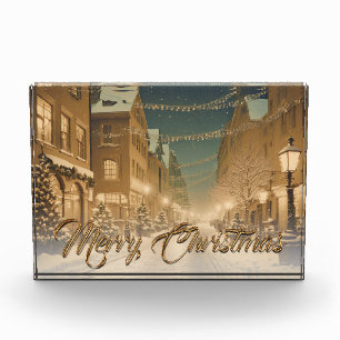 Bloc Photo Rues de Noël couvertes de neige dans un centre-vil