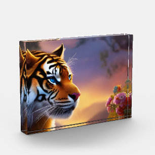 Bloc Photo Tigre bleu et fleurs roses