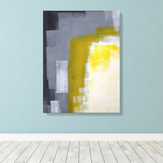 'Block Party' Grijs en Geel Abstract Art Print (Insitu (Houten vloer))