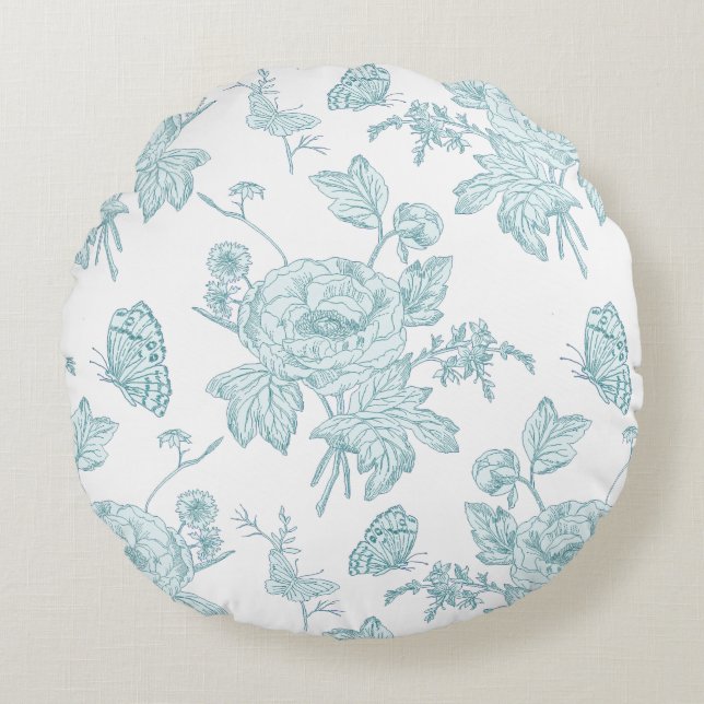 Block Print Aqua Round Throw Pillow Rond Kussen (Voorkant)