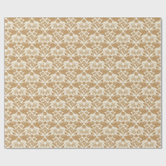 Block Print Birds with Florals | Beige & Gold Seam Cadeaupapier