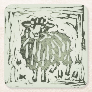 Block Print Sheep Donkey Quilt - green sheep. Vierkante Kartonnen Onderzetter