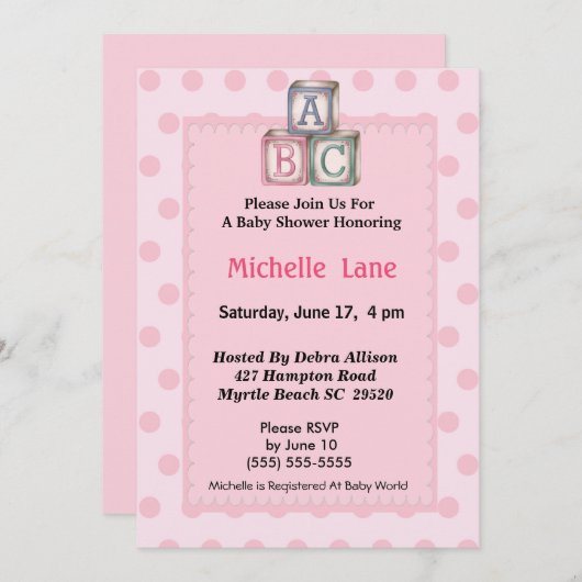 Blocs bébé Jeune fille Douche Invitation (Devant / Derrière)