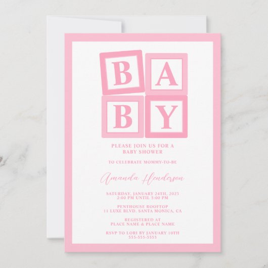Blocs Bébé rose Fille Baby shower Invitation (Devant)