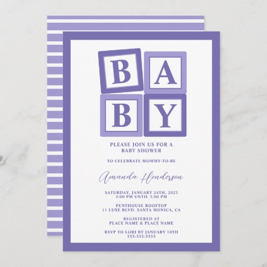 Blocs de bébé pourpre Invitation Baby shower fille (Devant / Derrière)