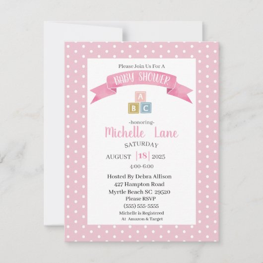 Blocs de bébé rose Fille Douche Invitation (Devant)