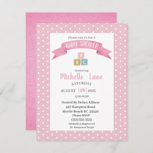 Blocs de bébé rose Fille Douche Invitation (Devant / Derrière)