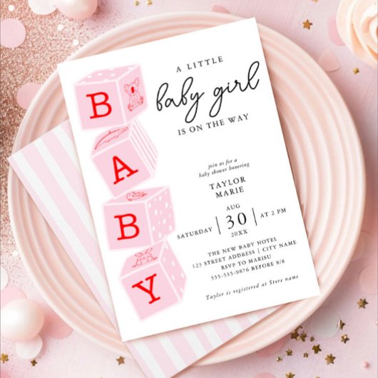 Blocs de jouets | Invitation Baby shower fille ros